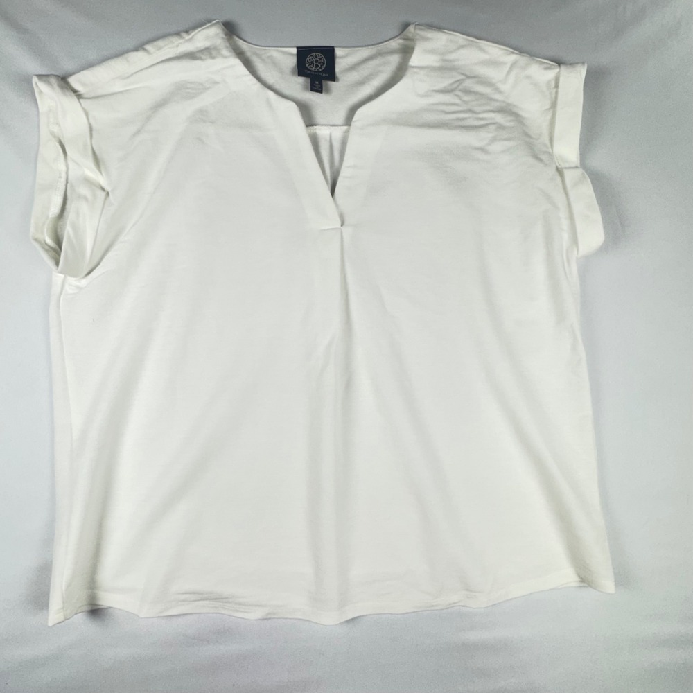 Bobeau Womens White Split V-Neck Cuffed Sleeve Knit Blouse Top Medium